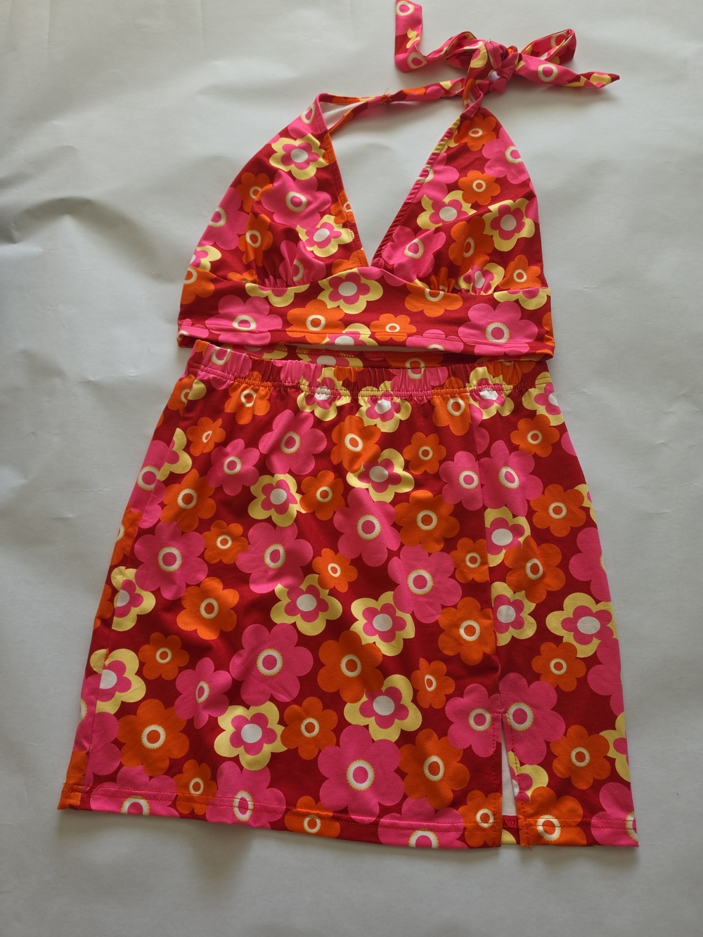 Bright Pink & Orange Floral Halter Top With Skirt Set Size Medium